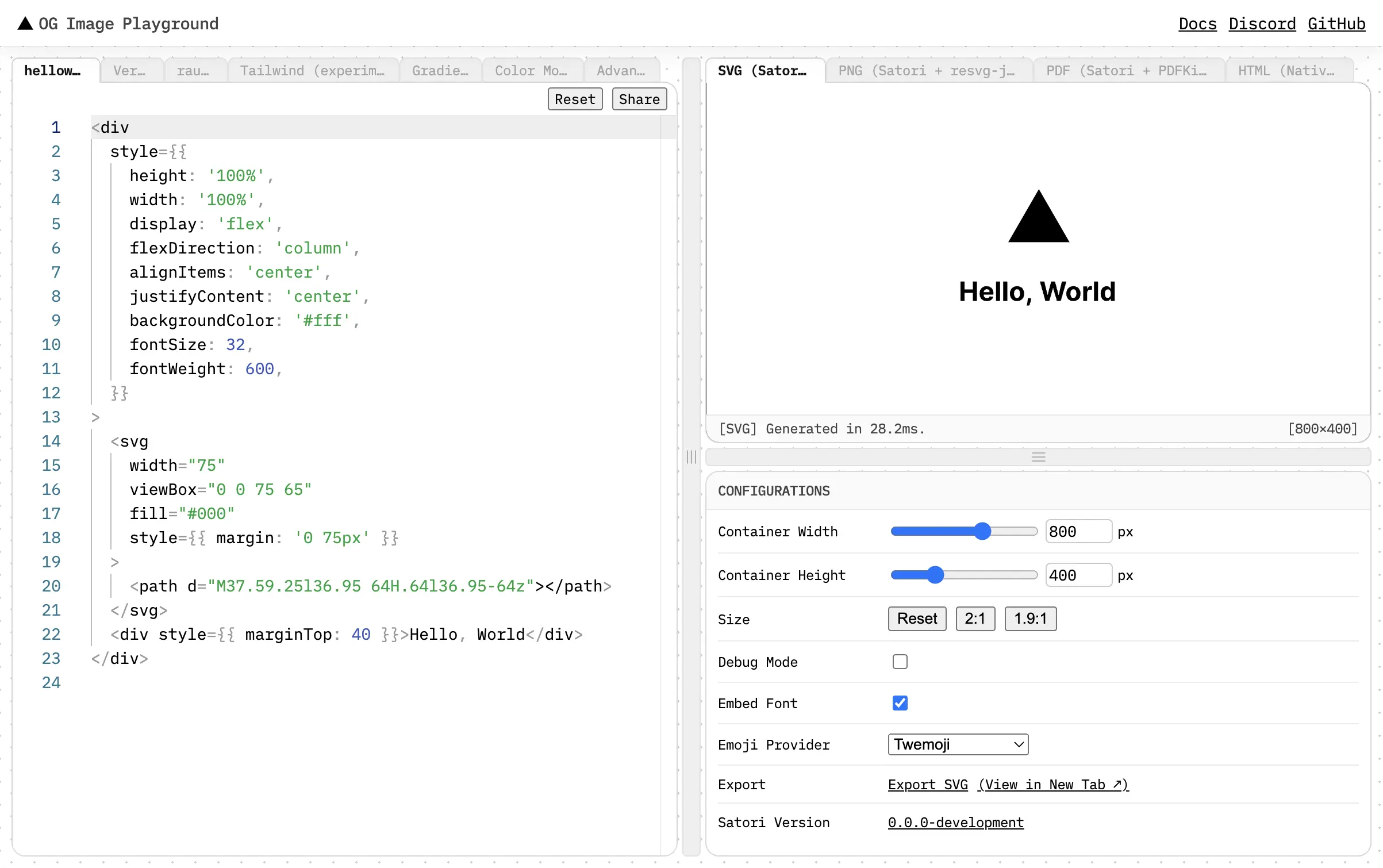 A screenshot of the OG Image Playground showing a code editor on the left and a preview and some settings on the right.